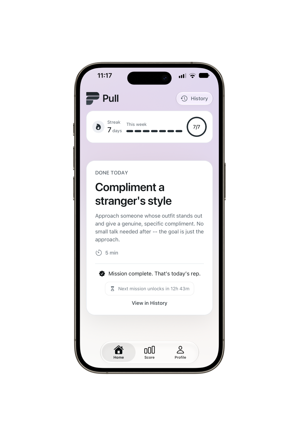 Pull on iPhone: a seven-day streak and a completed daily confidence mission.